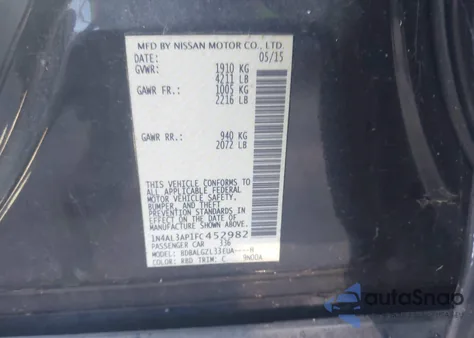 2015 Nissan Altima 2.5 S z USA, uszkodzony, nr VIN 1N4AL3AP1FC452982